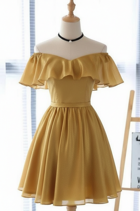 Gold Off the Shoulder Chiffon Homecoming Cute Short Graduation Dress - Prom Dresses