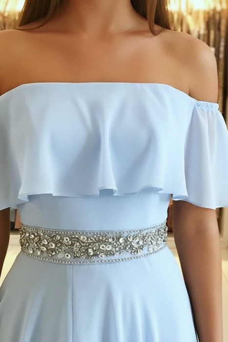Light Blue Off the Shoulder Split Prom Dress with Beading Waist Flowy Party Dresses - Prom Dresses