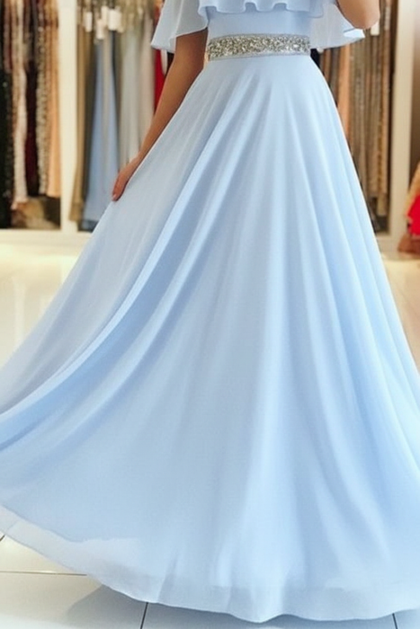Off Shoulder Sky Blue Prom Dress with Beading - Bridelily Off Shoulder Sky Blue Prom Dress with Beading - Bridelily