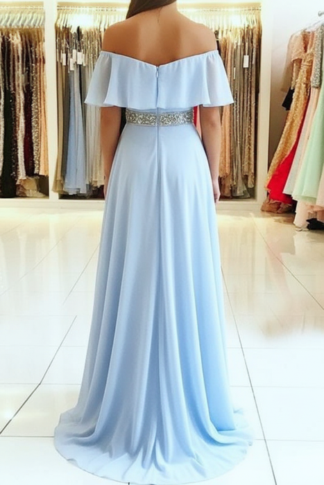 Off Shoulder Sky Blue Prom Dress with Beading - Bridelily Off Shoulder Sky Blue Prom Dress with Beading - Bridelily
