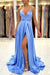 Light Blue Prom Dress with Spaghetti Straps and Split