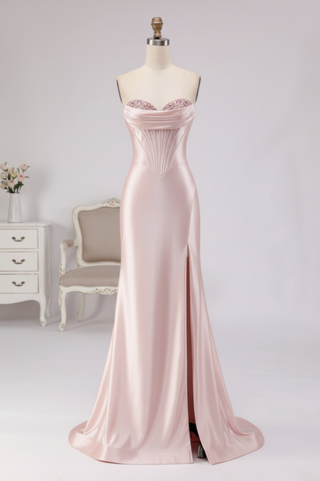 Pearl Pink Satin Strapless Mermaid Prom Dress with Slit