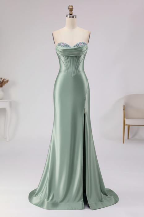 Dusty Sage Satin Strapless Mermaid Prom Dress with Slit