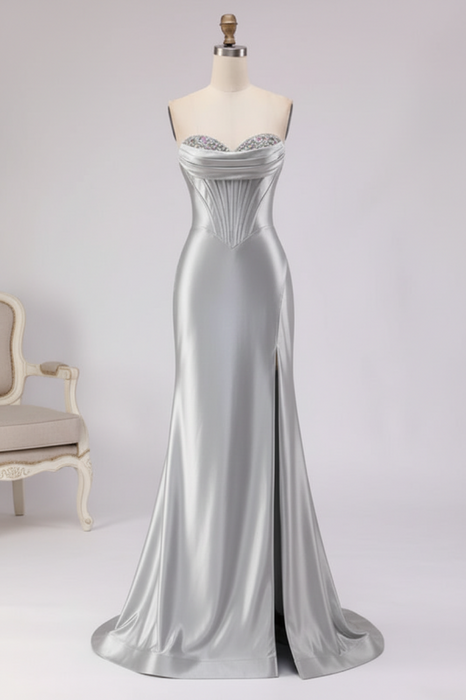 Silver Satin Strapless Mermaid Prom Dress with Slit