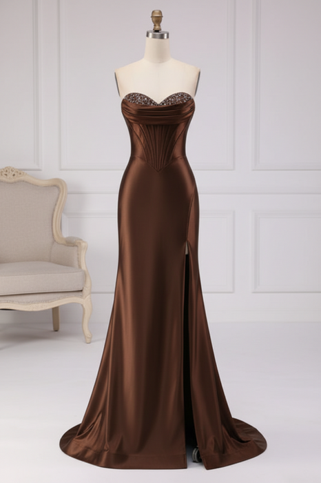 Brown Satin Strapless Mermaid Prom Dress with Slit