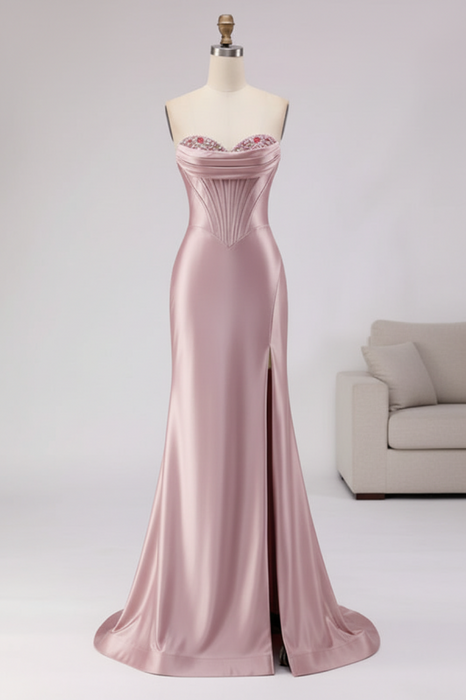 Dusty Pink Satin Strapless Mermaid Prom Dress with Slit