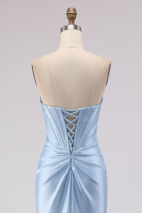 Light Blue Satin Strapless Mermaid Prom Dress with Slit