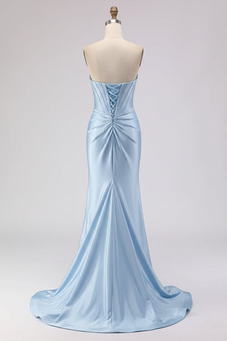 Light Blue Satin Strapless Mermaid Prom Dress with Slit
