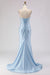 Light Blue Satin Strapless Mermaid Prom Dress with Slit
