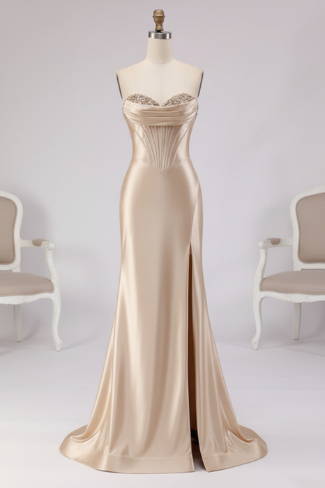 Champagne Satin Strapless Mermaid Prom Dress with Slit