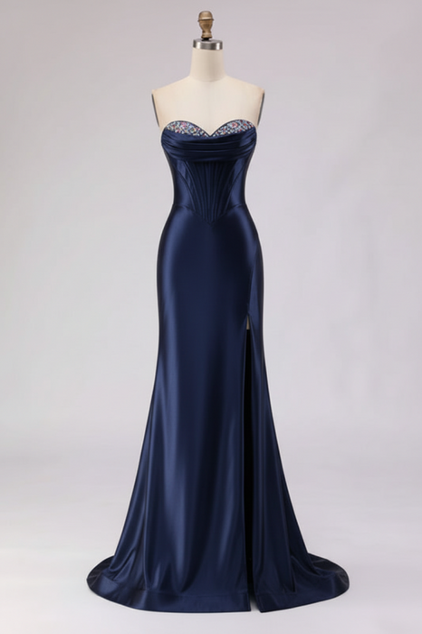 Navy Blue Satin Strapless Mermaid Prom Dress with Slit