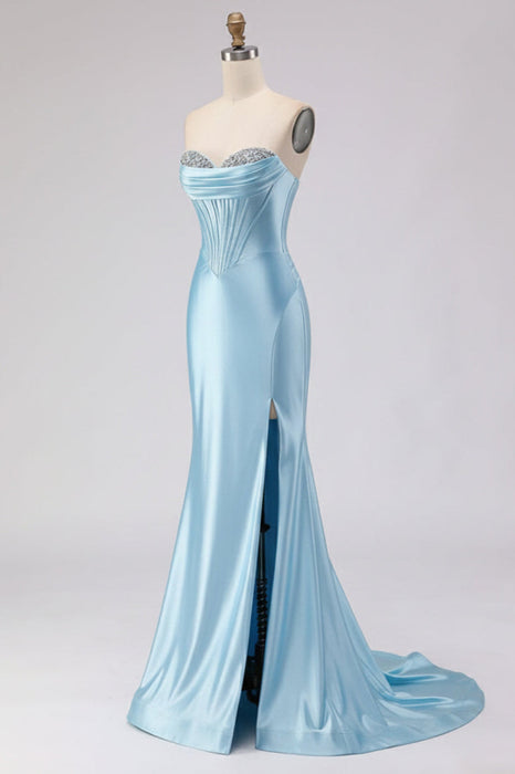 Light Blue Satin Strapless Mermaid Prom Dress with Slit
