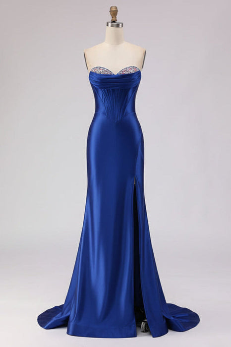 Royal Blue Satin Strapless Mermaid Prom Dress with Slit