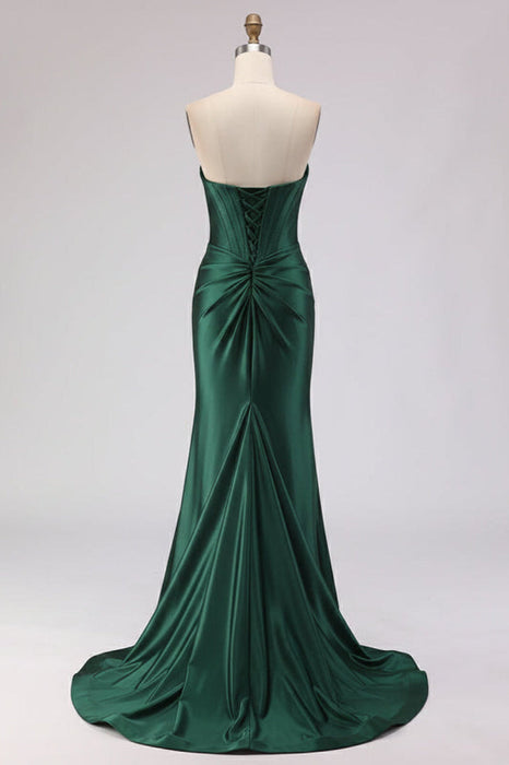 Dark Green Satin Strapless Mermaid Prom Dress with Slit
