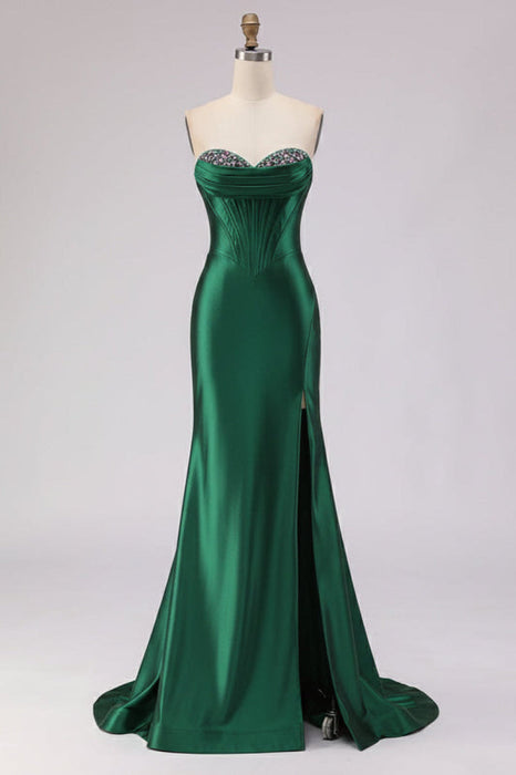 Dark Green Satin Strapless Mermaid Prom Dress with Slit