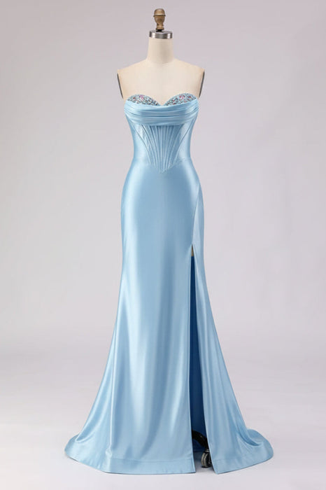 Light Blue Satin Strapless Mermaid Prom Dress with Slit
