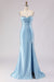 Light Blue Satin Strapless Mermaid Prom Dress with Slit
