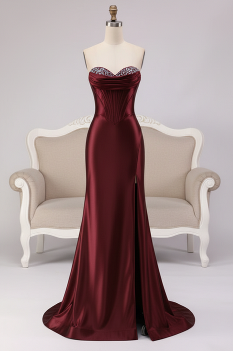 Burgundy Satin Strapless Mermaid Prom Dress with Slit
