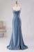 Dusty Blue Satin Strapless Mermaid Prom Dress with Slit