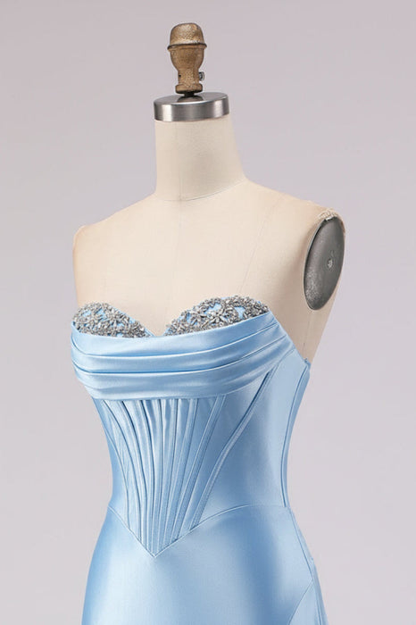 Light Blue Satin Strapless Mermaid Prom Dress with Slit