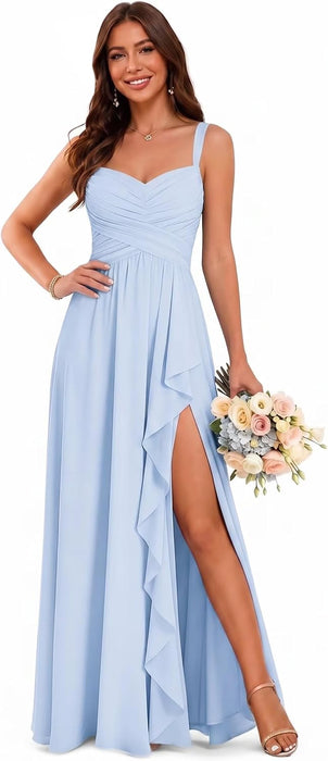 Women's Chiffon Bridesmaid Dresses Long Evening Formal Gown with Slit - Light Blue