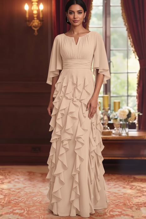 Light Champagne Chiffon Mother of the Bride Dress Flutter Sleeves with Cascading Ruffles