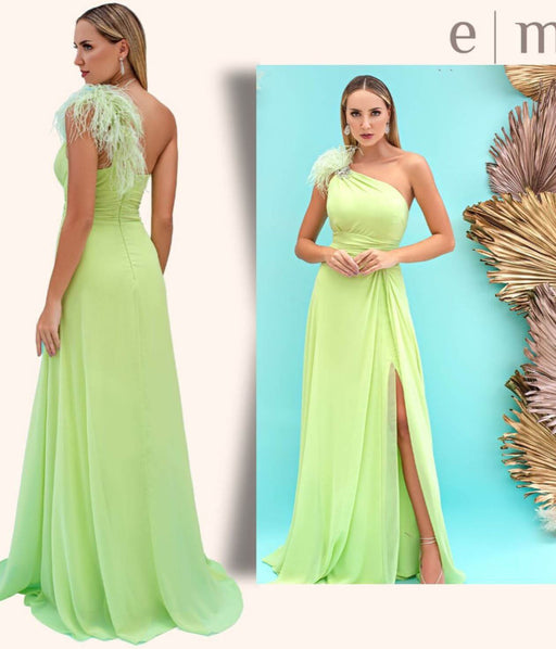 Light Green Front Split Mermaid One Shoulder Evening Dress With Feather