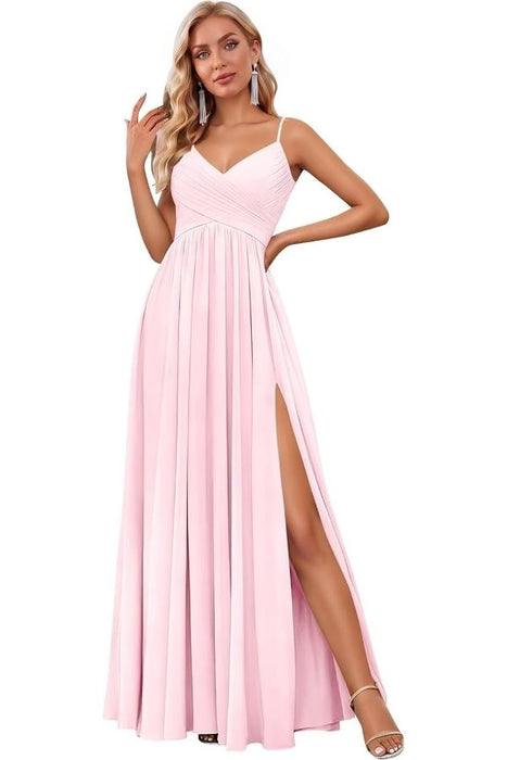 Spaghetti Strap V-Neck Chiffon Bridesmaid Dress with Slit
