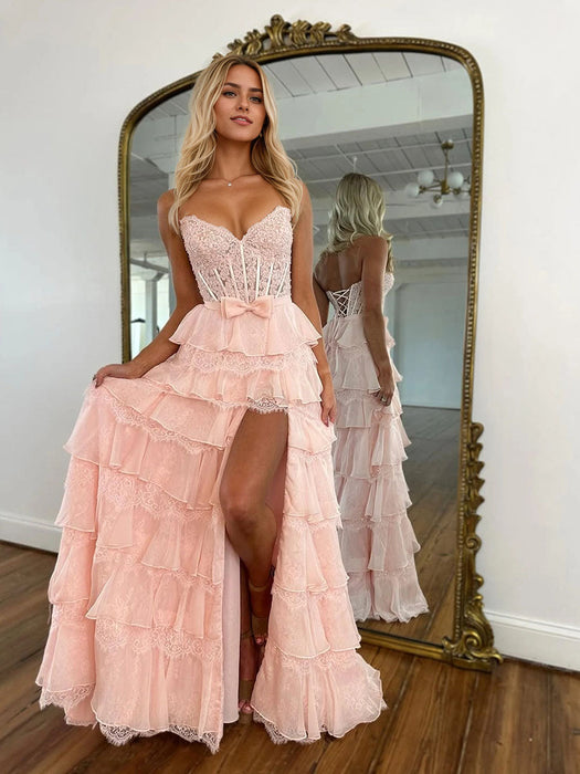 Strapless Lace Corset Prom Dress Long with Front Slit
