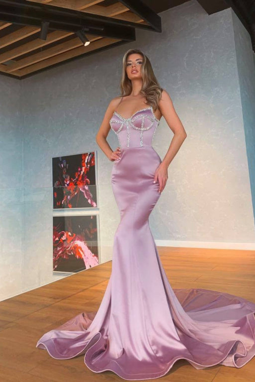 Light Purple Spaghetti Straps Mermaid Prom Dress With Sequins