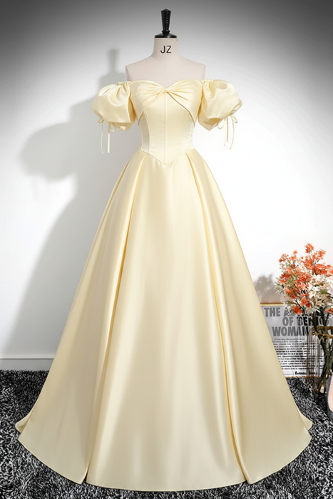 Light Yellow A-Line Pleated Off-The-Shoulder Prom Dress