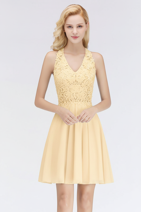 Light Yellow V-Neck Short Lace Bridesmaid Dresses
