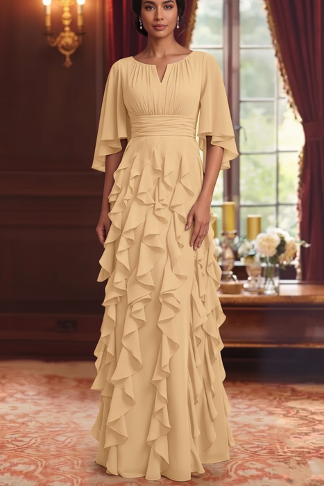 Daffodil Chiffon Mother of the Bride Dress Flutter Sleeves with Cascading Ruffles