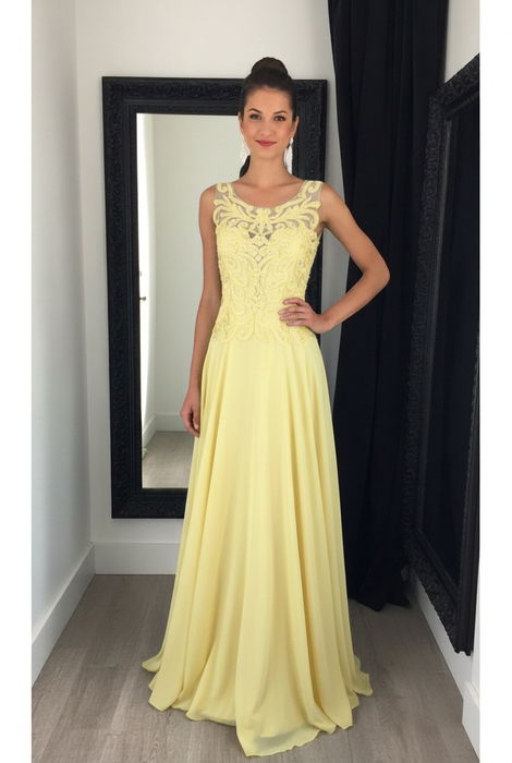 Light Yellow Chiffon A-Line Prom Dress Scoop Neck with Lace Appliques
