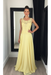 Light Yellow Chiffon A-Line Prom Dress Scoop Neck with Lace Appliques