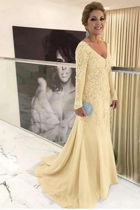 Light Yellow Elegant Long Sleeves Lace mother of the bride dress V-Neck - Prom Dresses
