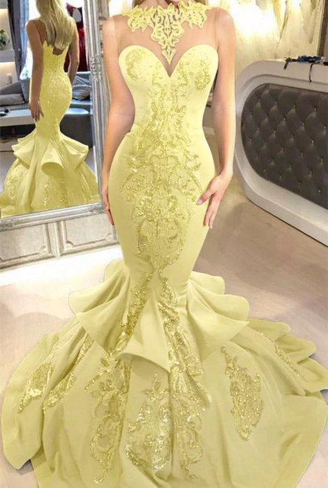 Light Yellow Mermaid Beads Prom Dresses Appliques Evening Dresses