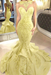 Light Yellow Mermaid Beads Prom Dresses Appliques Evening Dresses