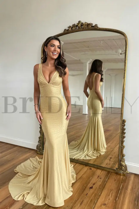 Light Yellow Mermaid Prom Dress V Neck Long with Beads