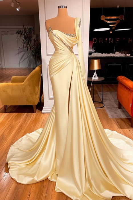 Daffodil One Shoulder Mermaid Prom Dress Beaded with Split