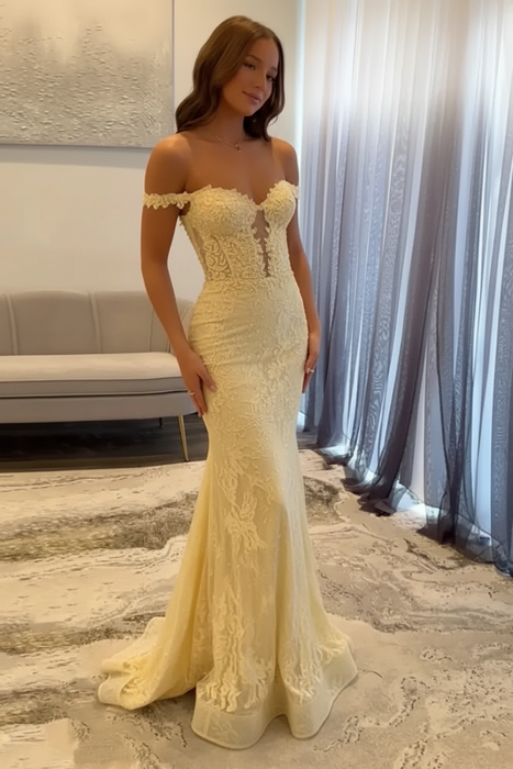 Light Yellow Off-the-Shoulder Mermaid Prom Dress 