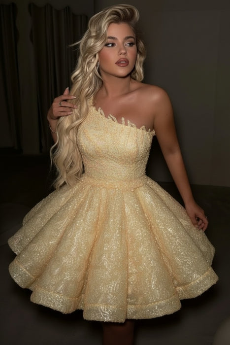 Daffodil One Shoulder Sequins Prom Dress Short Aline Homecoming Dress