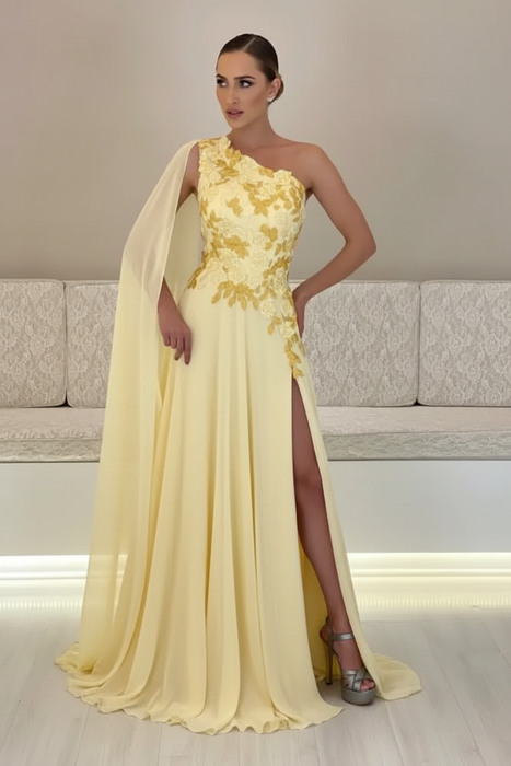 Daffodil One-Shoulder Sleeveless Chiffon Evening Dresses Long with Side Slit - Prom Dresses