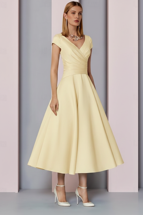 Light Yellow Satin A-Line Mother of the Bride Dress V Neck Tea Length Wedding Guest Dress - Prom Dresses