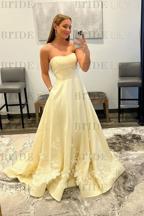 Light Yellow Strapless Satin Long Prom Dresses with 3D Flowers