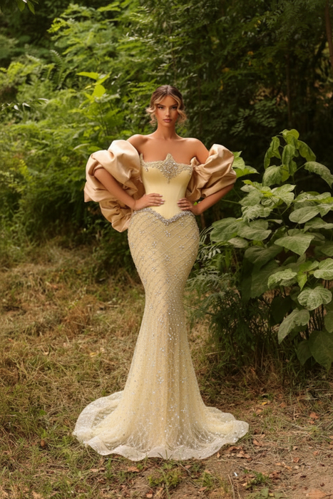 Daffodil Satin Mermaid Evening Gown Beadings Floor Length Party Dress with puffy Sleeves