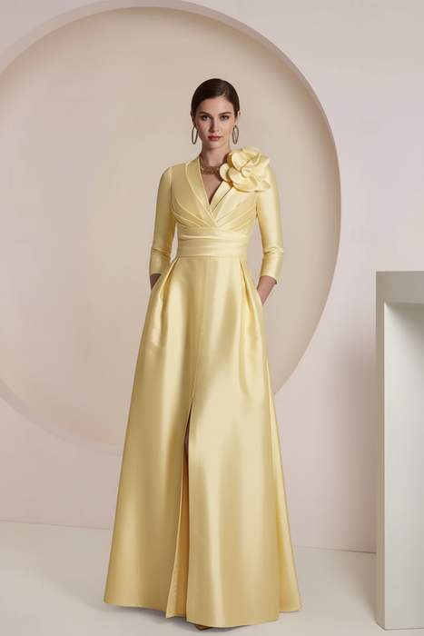Light Yellow Satin V-Neck Mother of the Bride Dress with 3/4 Sleeves with Split Front