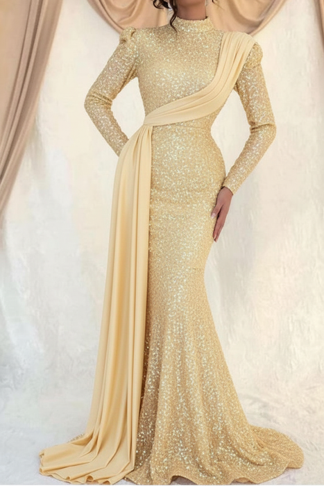Light Yellow Sequins Long Sleeves High Collar Mermaid Prom Dress with Ruffle