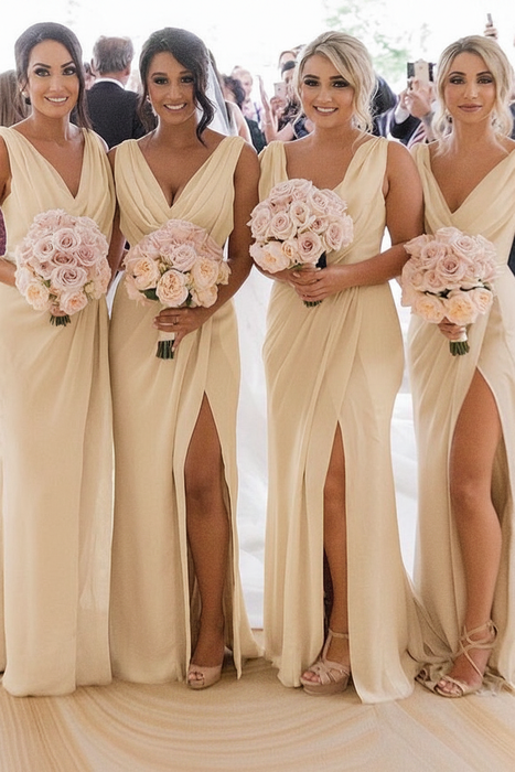 Daffodil Simple V Neck Sleeveless Sheath Pleated Chiffon Bridesmaid Dress with Split