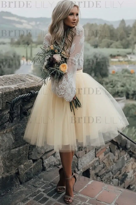 Light Yellow Simple Wedding Dress A Line Designed Neckline Lace Tulle Bridal Gowns